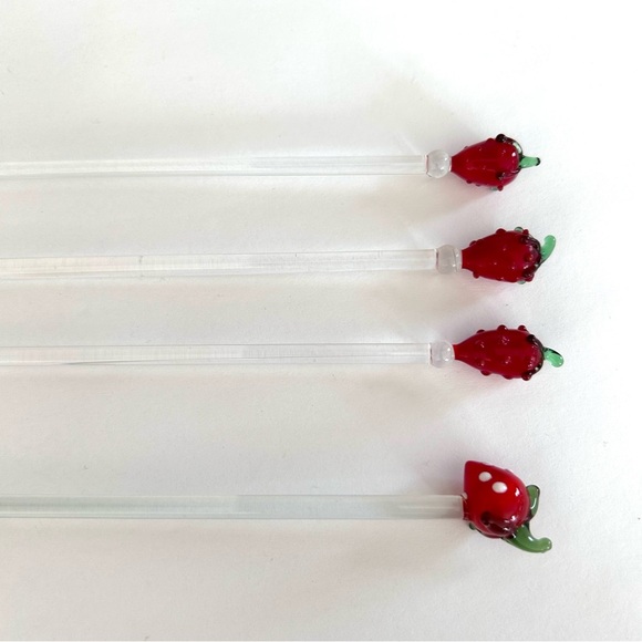 Glass Swizzle Stir Sticks Lot Of 4 Strawberries Hand Blown Art Strawberry - Picture 4 of 8